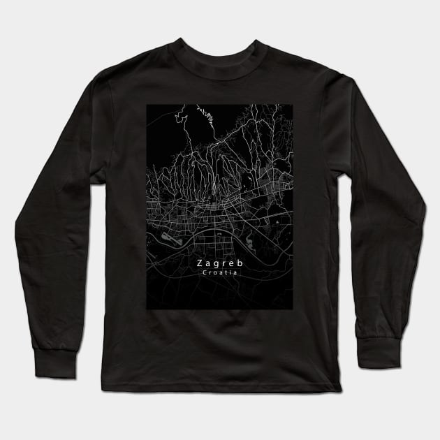 Zagreb Croatia City Map dark Long Sleeve T-Shirt by Robin-Niemczyk